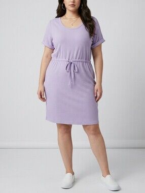 Lilac Ribbed Drawstring Casual Dress